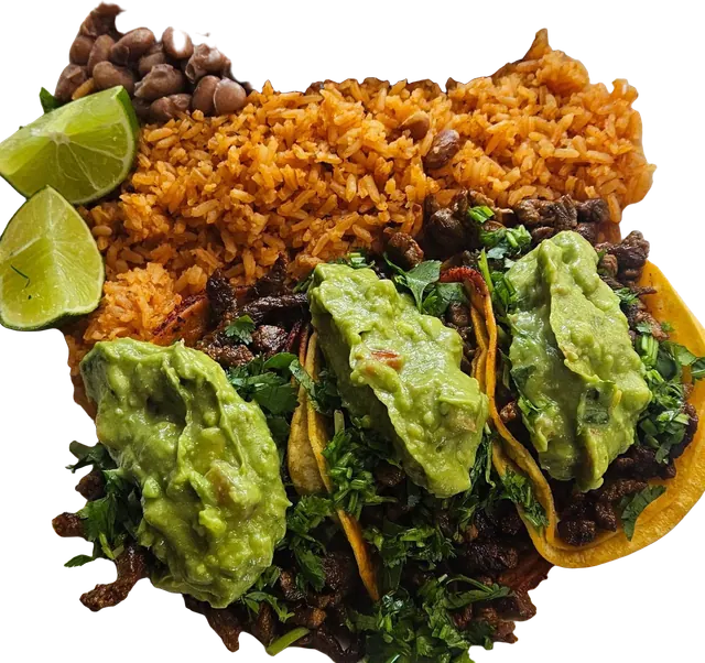 Carne asada street tacos with guacamole, rice and beans