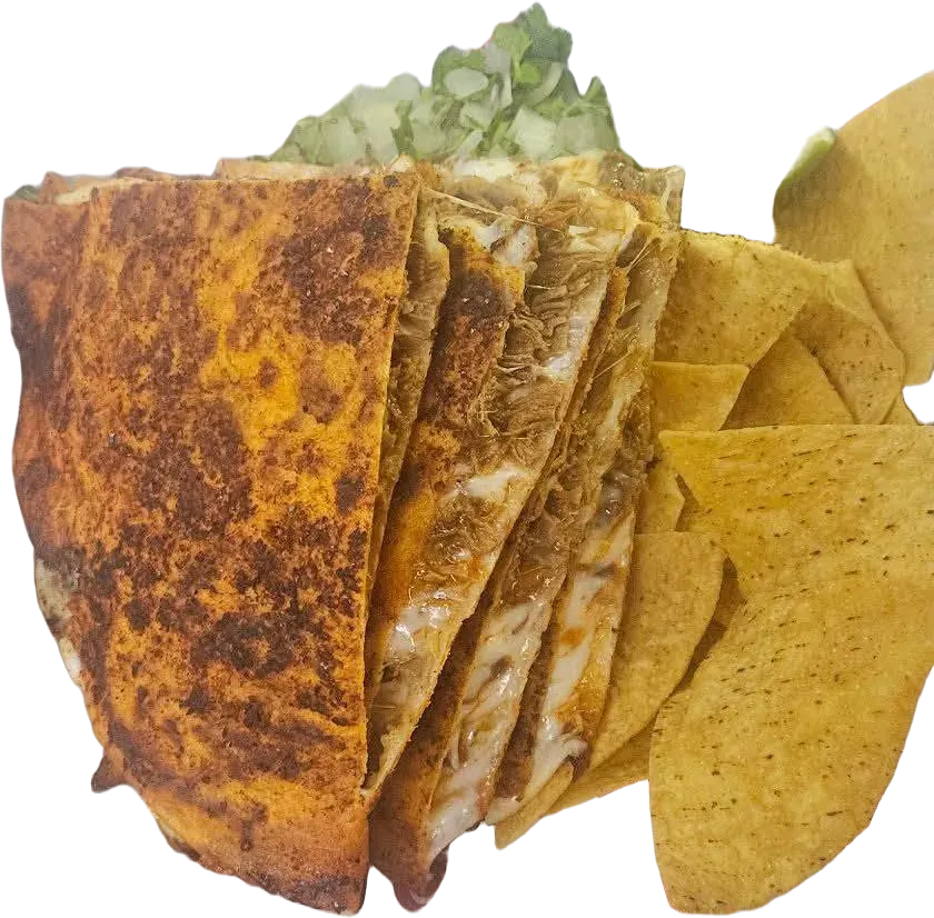 Birria quesadillas cut and stacked, beef and cheese inside, with tortilla chips and onion and cilantro