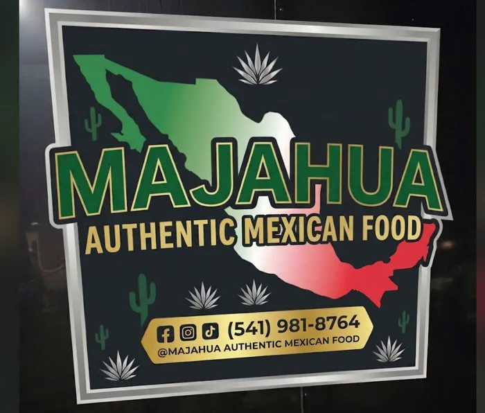 The Majahua sign: MAJAHUA in green over a green, white and red map of Mexico, AUTHENTIC MEXICAN FOOD in gold, the phone number on a gold plate